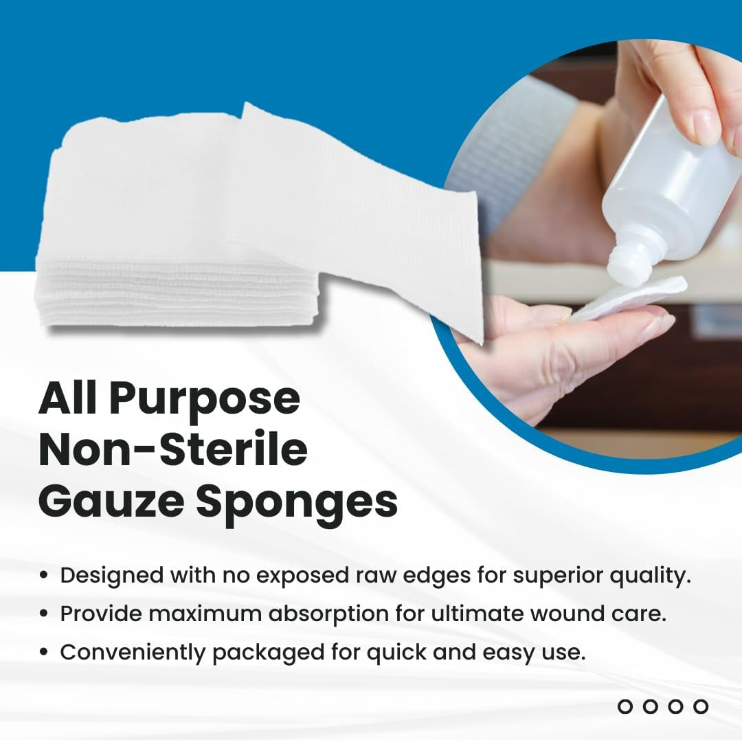 Non-Woven Gauze Sponges - 4-Ply, 4" X 4" All-Purpose Non-Sterile Absorbent Dental Gauze Wound Care for First Aid Kit/Medical Facilities, 200 Count (Pack of 1)