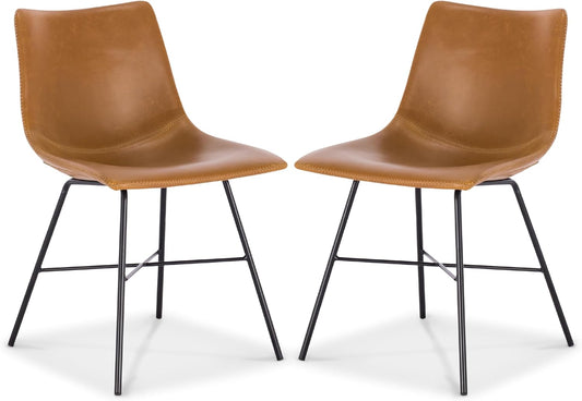POLY & BARK Paxton Leather Dining Chairs – Set of 2 Modern Dining Room Chairs with Low Back – Faux Leather Upholstery and Matte Black Steel Base – Comfortable Seating for Stylish Interiors – Tan