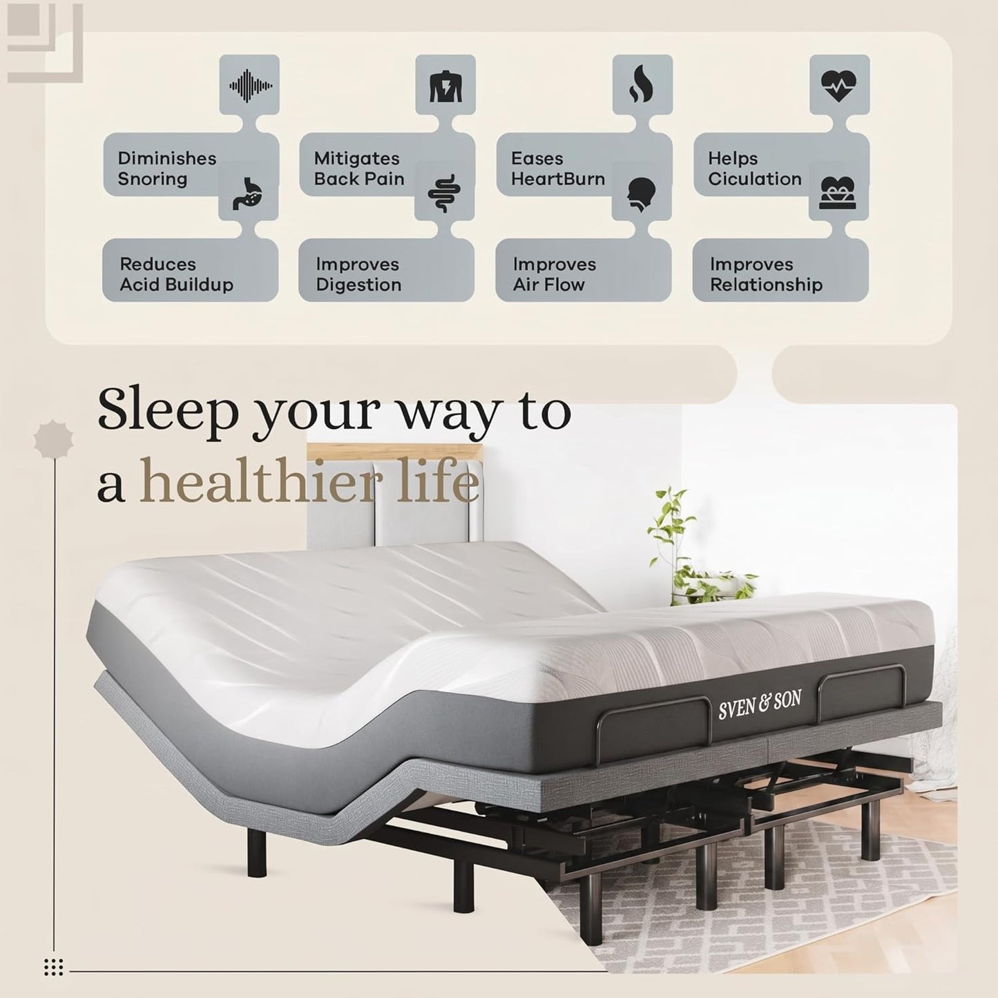 Sven & Son Classic Adjustable Bed Base (Frame) + 14 Inch Hybrid Spring Matt (Medium Soft), Head and Foot Lift, Massage, Under-Bed Lights, USB, Memory Positions, Zero Gravity, Wireless Remote - King