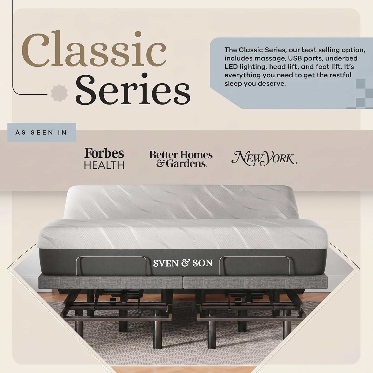 Sven & Son Classic Adjustable Bed Base (Frame) + 14 Inch Hybrid Spring Matt (Medium Soft), Head and Foot Lift, Massage, Under-Bed Lights, USB, Memory Positions, Zero Gravity, Wireless Remote - King