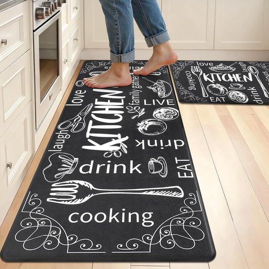 Kitchen Rugs Set of 2, Cushioned anti Fatigue Kitchen Mats for Floor, Non Slip Waterproof Comfort Standing Desk Mat Carpet for Sink, Stove, Laundry Room, Black