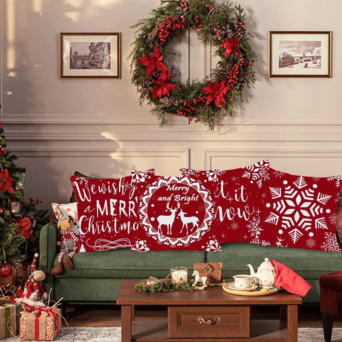 Merry Christmas Decorative Pillows Covers 22X22 Set of 4 for Christmas Decorations Red Christmas Tree Snowflake Winter Holiday Throw Pillow Cases Xmas Farmhouse Decor for Couch Sofa
