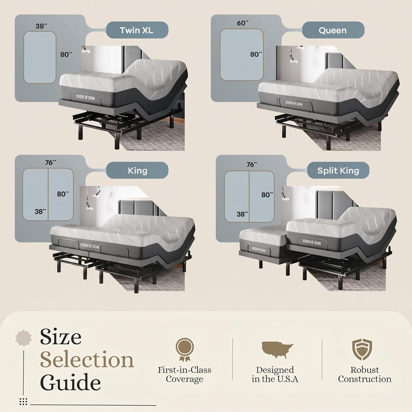 Sven & Son Classic Adjustable Bed Base (Frame) + 14 Inch Hybrid Spring Matt (Medium Soft), Head and Foot Lift, Massage, Under-Bed Lights, USB, Memory Positions, Zero Gravity, Wireless Remote - King