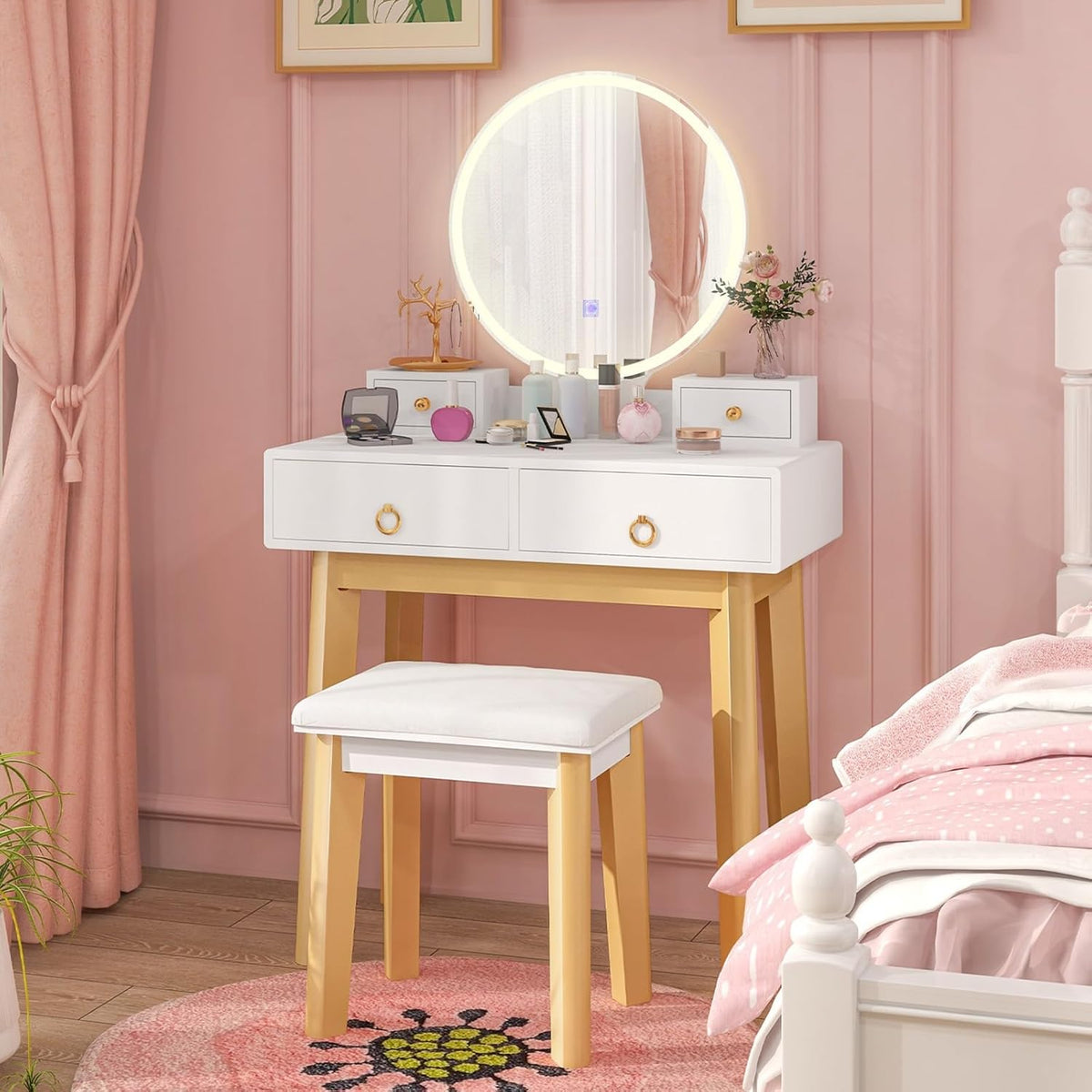Vanity Desk with Mirror and Lights, White Makeup Vanity Desk with 4 Drawers, 3 Color Lighting Modes, Adjustable Brightness, Modern Dressing Table with Vanity Stool for Girls Small Bedroom